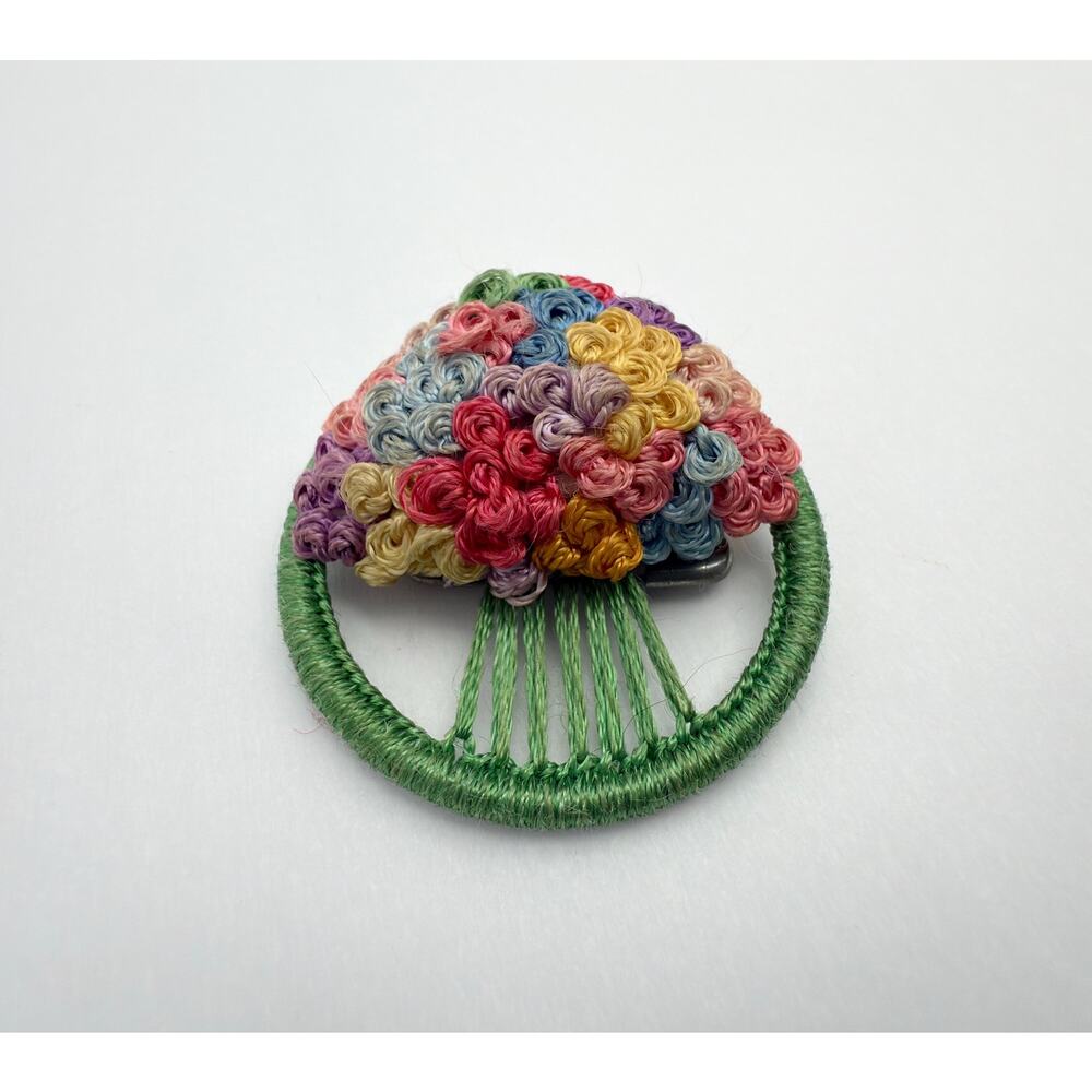 Vintage 1960s Handmade Fiber Art Brooch Woven Thread Floral Bouquet Pin